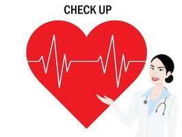 doctora sonriente sosteniendo una ilustración de vector de ritmo cardíaco rojo. chequeo cardíaco y diseño de atención médica de salud