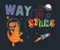 camino a las estrellas dinosaurio en el diseño espacial para camisetas y estampados para niños. ilustración vectorial de dibujos animados vector