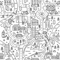 Cute map of a small town with roads, cars, houses and a river. Stylish hand drawn vector black and white illustration for nursery. Seamless pattern.