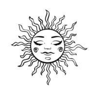 Esoteric symbols of the sun and moon with a face. Celestial signs. Vector illustration in hand drawn style