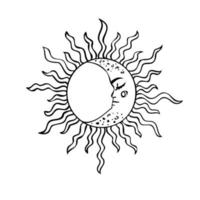 Esoteric symbols of the sun and moon with a face. Celestial signs. Vector illustration in hand drawn style
