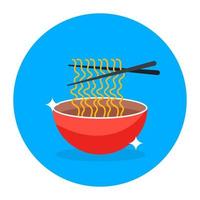 Cooked noodles in bowl with chopsticks, chinese food in flat rounded style vector