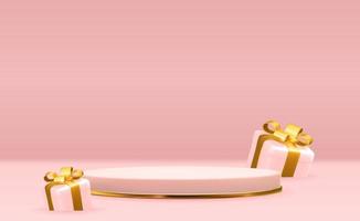 Rose gold pedestal over pink pastel natural background with 3D gift box. Trendy empty podium display for cosmetic product presentation, fashion magazine. Copy space vector illustration
