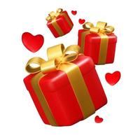 Realistic 3D Red Gift Box with Hearts. Vector Illustration