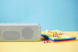 smart speaker and keyboard with copy space on white background photo