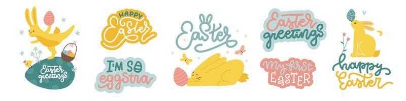 Cute set of easter rabbit characters and spring decorative conpositions - bunnies, eggs, lettering quotes isolated on white background. Colorful holidayhad drawn flat vector illustration.