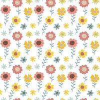 Folk seamless pattern with spring flowers, leaves and branches. Vector background for various absract surface. Trendy hand drawn texture. Flat vector hand drawn illustration.