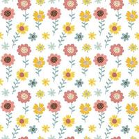 Folk seamless pattern with spring flowers, leaves and branches. Vector background for various absract surface. Trendy hand drawn texture. Flat vector hand drawn illustration.