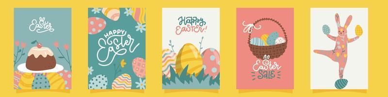 juego de pascua feliz de 5 tarjetas, póster de tamaño a4 o plantillas de banner en color pastel de moda. ilustración vectorial de lindos conejitos de pascua, canasta, huevos y flores para celebrar las vacaciones de primavera. vector