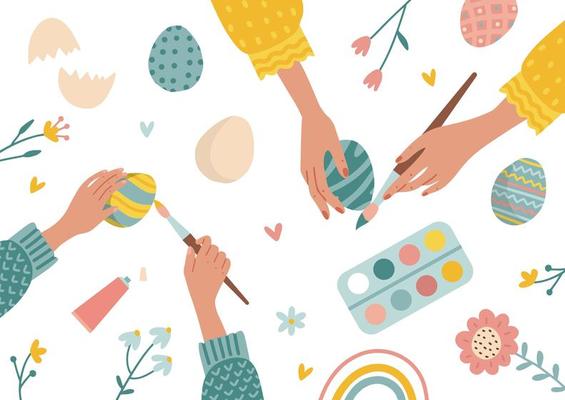 Easter top view scene - happy family preparing for Easter. Mother and daughter or some are painting eggs. Adult and childish hands holding brushes. Vector flat hand drawn illustration