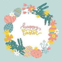 Happy Easter greeting card with wreath of flowers, brunches, Easter eggs and rabbit ornate silhouettes. Vector flat hand drawn illustration with lettering.