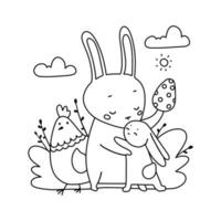 Rabbit mother with kid celebrating Easter. Coloring page in outline sketch style. Easter basis for design on white background. Funny flat hand drawn vector illustration.