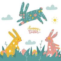 Happy Easter easter card woth Bunnies and rabbits ornate silhouettes, Easter eggs, grass and flowers. Folk style icons patterned design of animals. Vector flat hand drawn illustration with lettering.