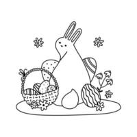 Easter bunny rabbit character sitting near a basket full of painted Easter eggs. Black and white outline image for coloring page. Linear hand drawn vector illustration.