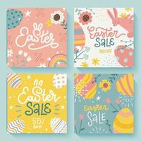 Happy Easter Set of banners, holiday social media covers. Trendy cute design with lettering, spring flowers, stars, eggs and bunny in pastel colors. Modern minimalist vector design for cards, posters