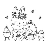 conejo con dos pollitos con un fondo de huevo de pascua. linda ilustración de vector lineal infantil para colorear libro.