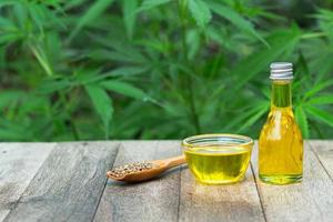 CBD hemp oil  products,  Cannabis oil against Marijuana plant. Herbal Treatment, Alternative Medicine