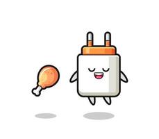 cute power adapter floating and tempted because of fried chicken vector