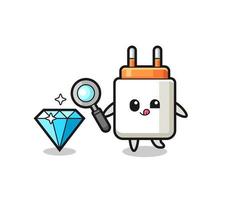 power adapter mascot is checking the authenticity of a diamond vector