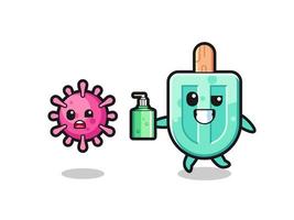 ilustración del personaje de paletas persiguiendo virus malvados con desinfectante de manos vector