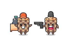 ilustración del lindo muffin mientras un ladrón apunta con un arma a un cajero vector