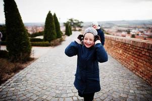 Brothers at historical Mikulov Castle, Moravia, Czech Republic. Old European town. photo