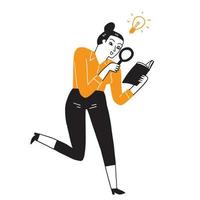 A young woman employee uses a magnifying glass to read clearly as if she had a new idea. vector