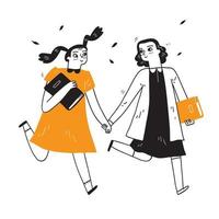 Two girls walking hand in hand both holding books