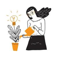 Young woman watering a plant in flowerpot with flowers vector
