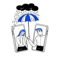 Man comforts her sad friend over the phone supports female with psychological problems. vector