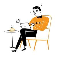 Handsome young man relaxing with music sitting on the sofa using a tablet vector