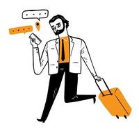 Young businessman or employee dragging the suitcase along with type text message with smartphone. vector