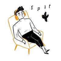 Young man sleeping on a chair listen to music through headphones. vector