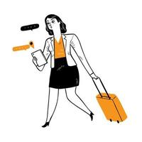 Young business woman or employee dragging the suitcase along with type text message with smartphone. vector