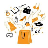 Many types of products ejected from a shopping bag. vector