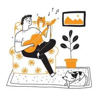 Happy young man playing guitar singing on sofa relaxing with pets, cats and dogs. vector