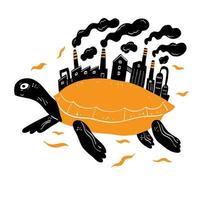 Concept of conservation of natural resources, coasts, seas, and sea turtles with industrial shells. vector