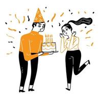 pareja feliz el joven dando el pastel de cumpleaños a su novia. vector