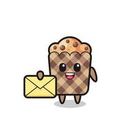 cartoon illustration of muffin holding a yellow letter vector