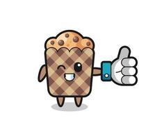 lindo muffin con símbolo de pulgar hacia arriba en las redes sociales vector