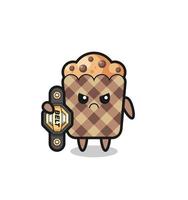 personaje de mascota de muffin como luchador de mma con el cinturón de campeón vector