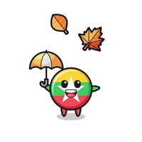 cartoon of the cute myanmar flag holding an umbrella in autumn vector