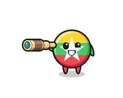 cute myanmar flag character is holding an old telescope vector