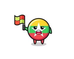 personaje de la bandera de myanmar como juez de línea levantando la bandera vector