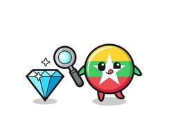 myanmar flag mascot is checking the authenticity of a diamond vector