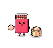 cute matches box character eating steamed buns vector