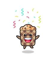 feliz muffin mascota saltando para felicitaciones con confeti de color vector