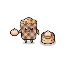 cute muffin character eating steamed buns vector