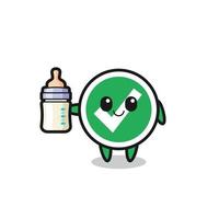 personaje de dibujos animados de marca de verificación de bebé con botella de leche vector