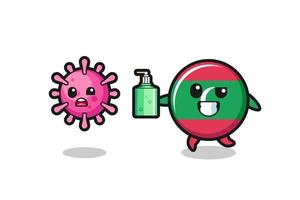 illustration of maldives flag character chasing evil virus with hand sanitizer vector